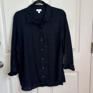 J.Jill love linen black button down collar shirt tunic size Large petite 100%